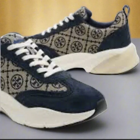 🔥🔥Authentic Tory Burch T Monogram Good Luck Sneakers M Navy Blue Monogram Size11 - Picture 6 of 13